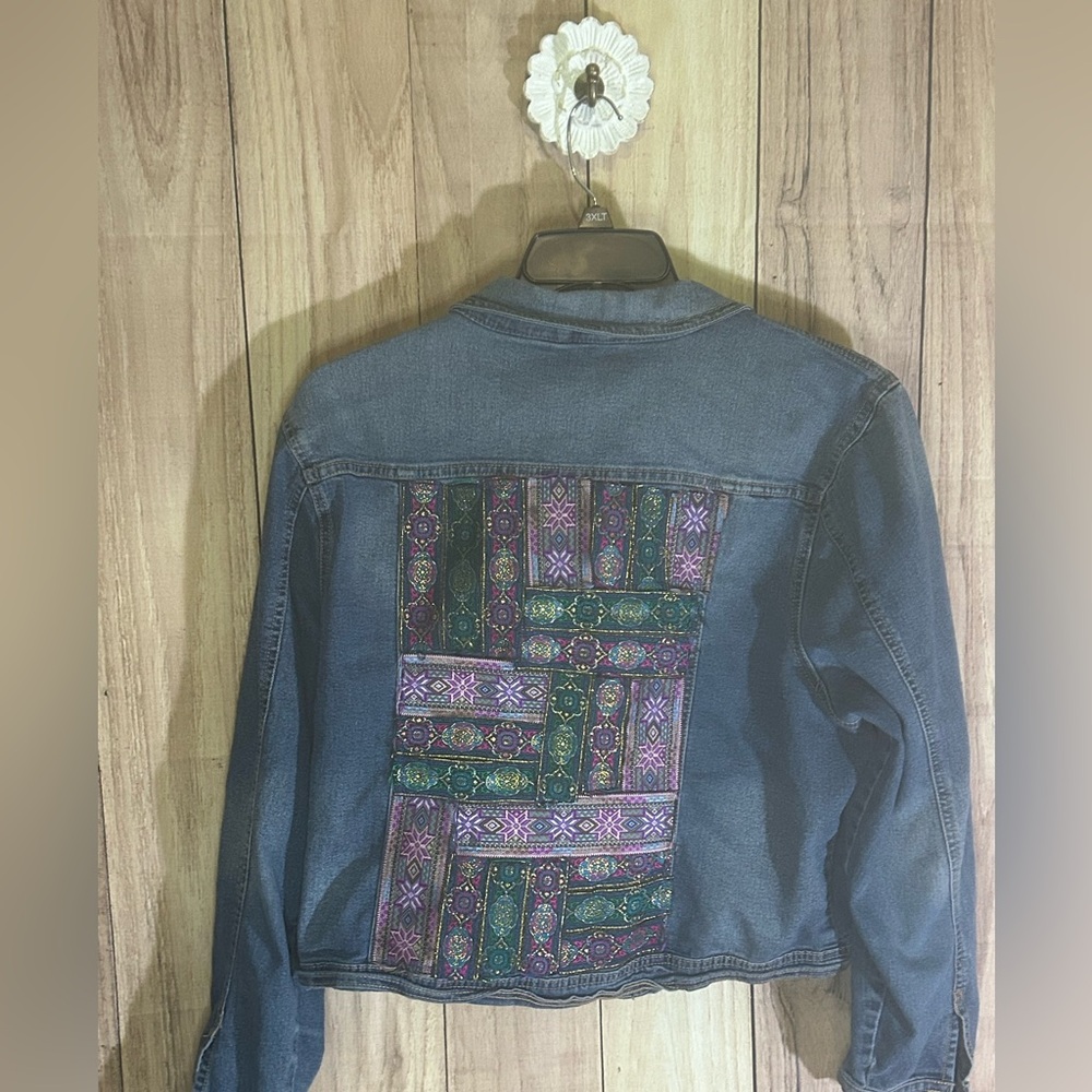 NWT Upcycled Denim Jacket with a Webbing design back.